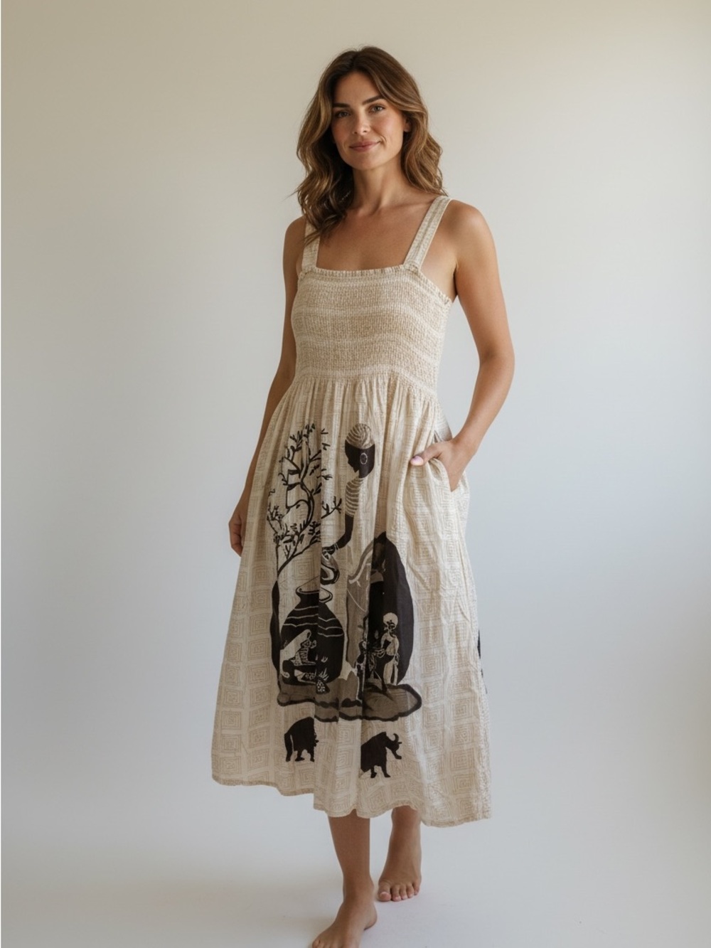 Cream Smocked Midi Dress with Brown‎  Graphic African Print